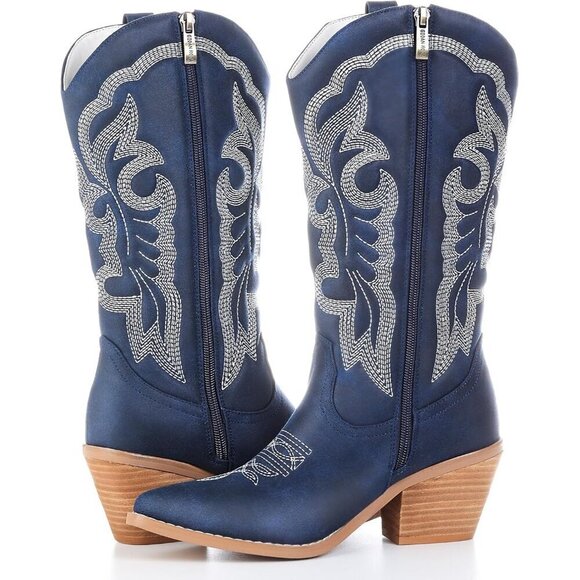 Gioanroca  Cowboy Boots Women Blue Rubber Fashion Retro Western Pointed Toe Boot - Picture 1 of 6